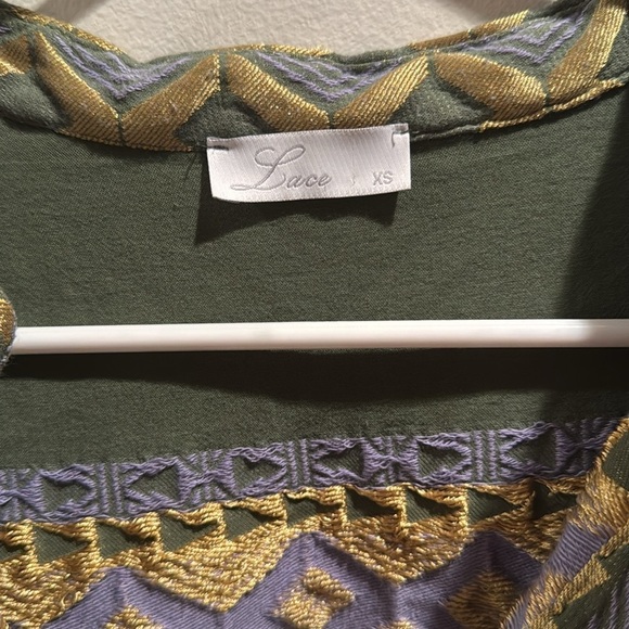 Anthropologie Lace the Label Green and Gold Mini Dress with Bell Sleeves XS - Picture 2 of 6